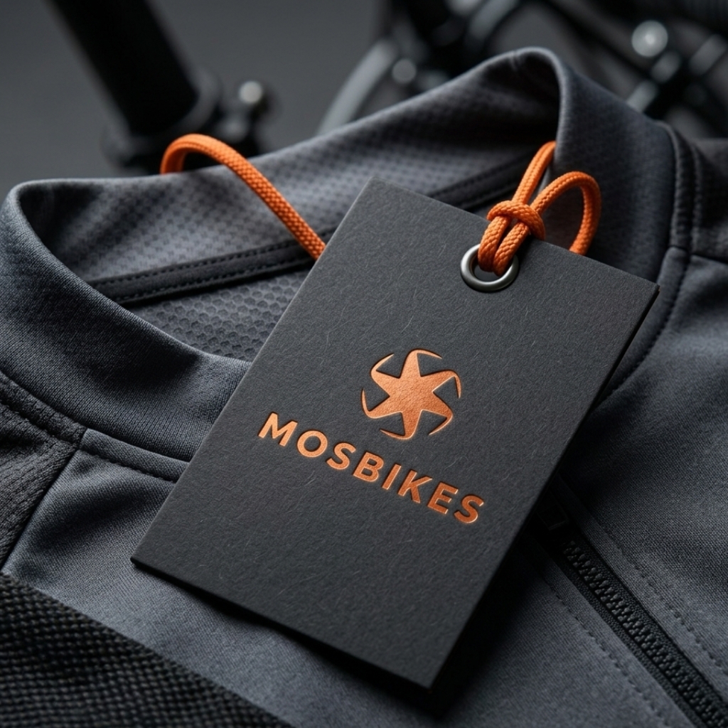 Mosbikes brand identity mockup showing logo applied on hang tag