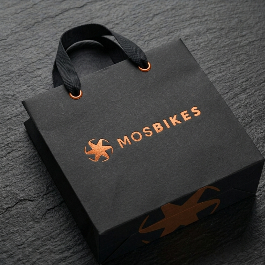 Mosbikes brand identity mockup showing logo applied on shopping bag