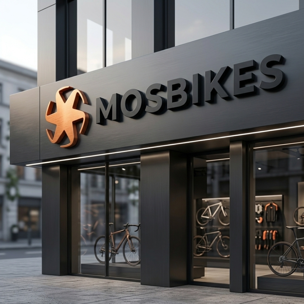 Mosbikes brand identity mockup showing logo applied on storefront signage