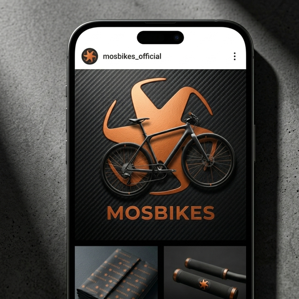 Mosbikes brand identity mockup showing website design displayed on mobile phone