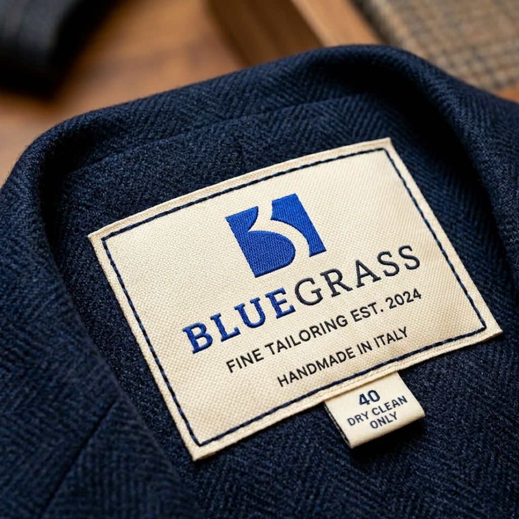 Bluegrass brand identity mockup showing logo applied on clothing label tag