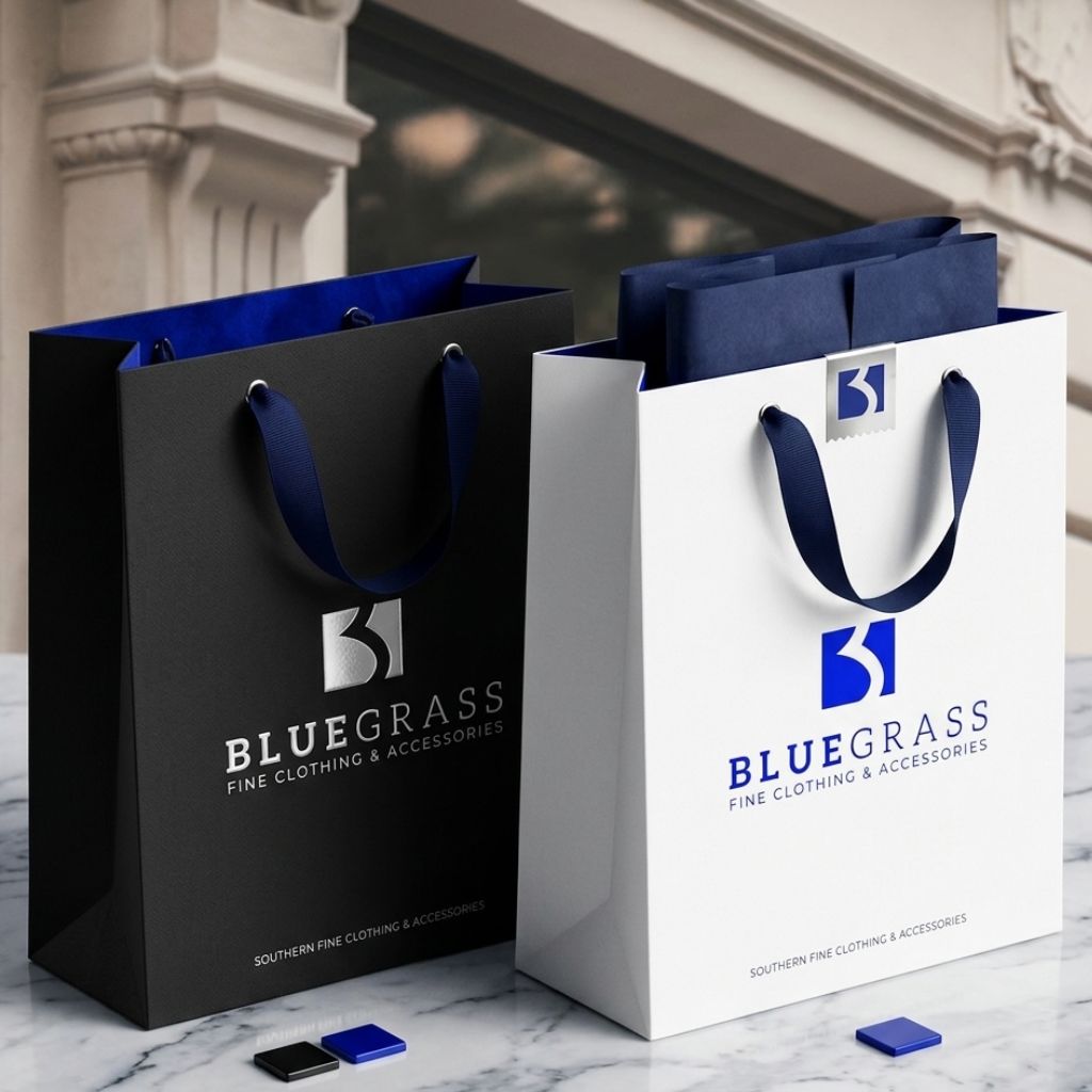 Bluegrass brand identity mockup showing logo applied on shopping bags and packaging