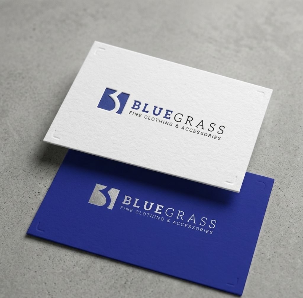 Bluegrass brand identity mockup showing logo applied on business cards