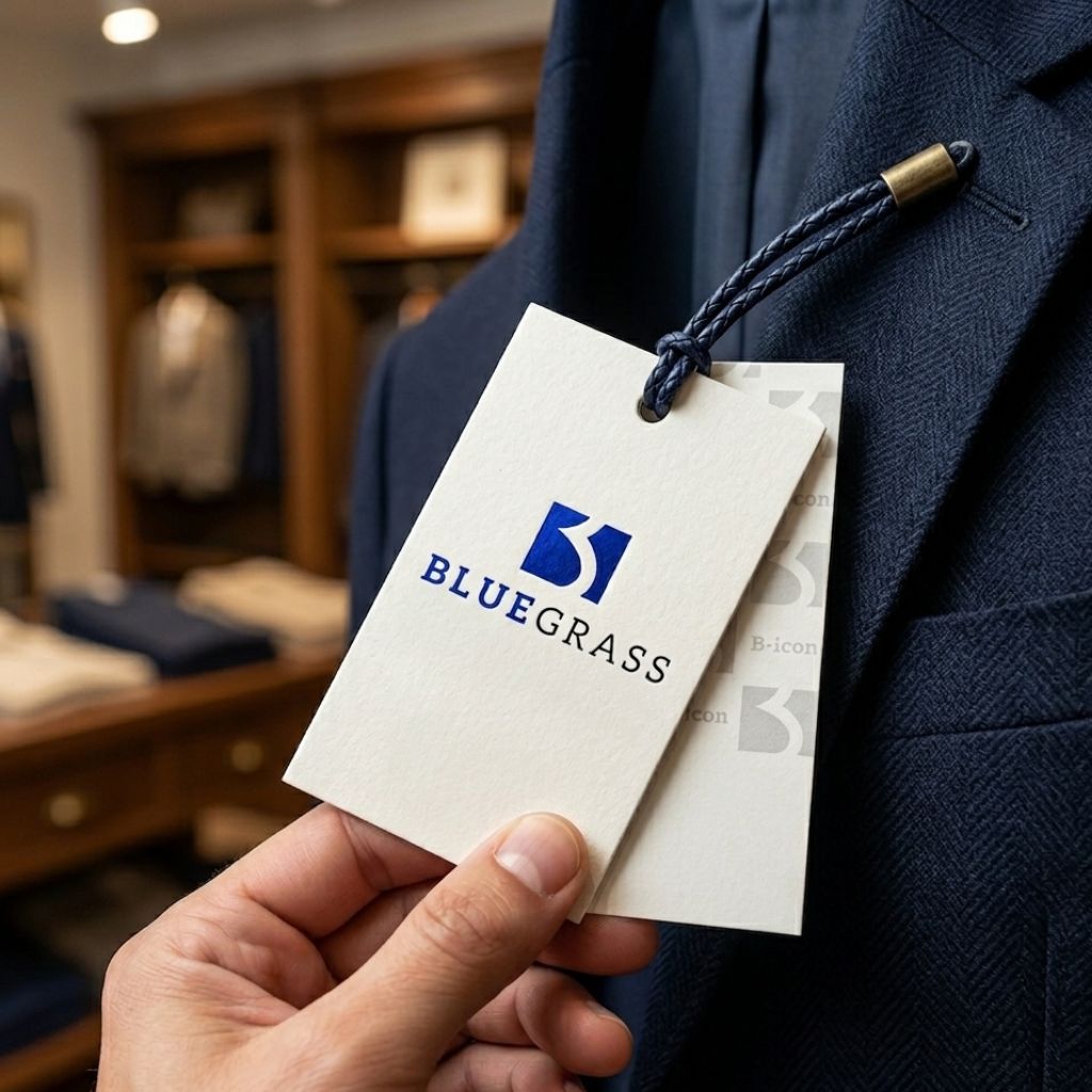 Bluegrass brand identity mockup showing logo applied on hang tag label
