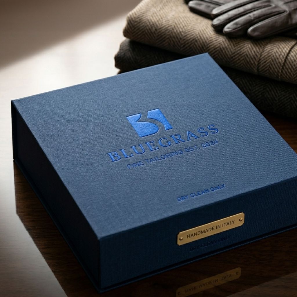 Bluegrass brand identity mockup showing logo applied on packaging box