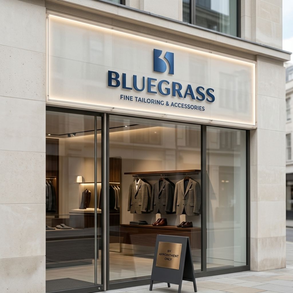 Bluegrass brand identity mockup showing logo applied on storefront signage