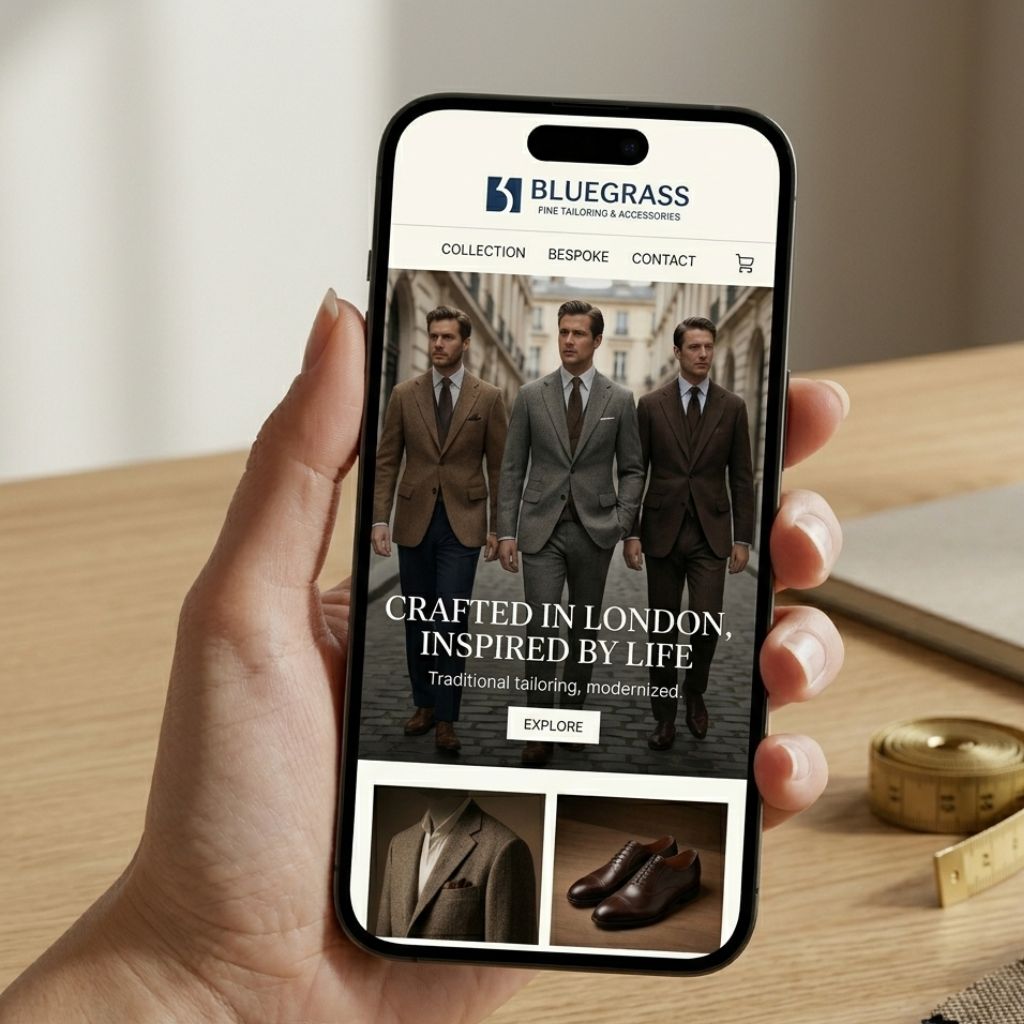 Bluegrass brand identity mockup showing website design displayed on mobile phone