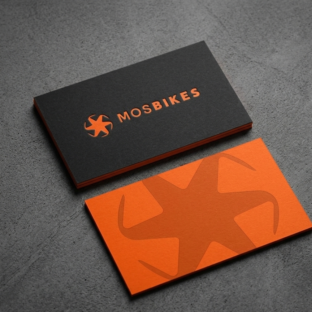 Mosbikes brand identity mockup showing logo applied on business cards