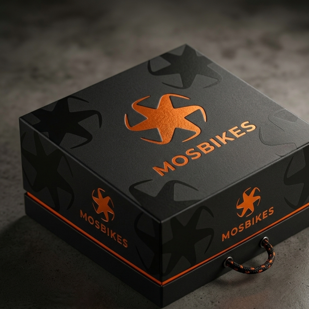 Mosbikes brand identity mockup showing logo applied on packaging box
