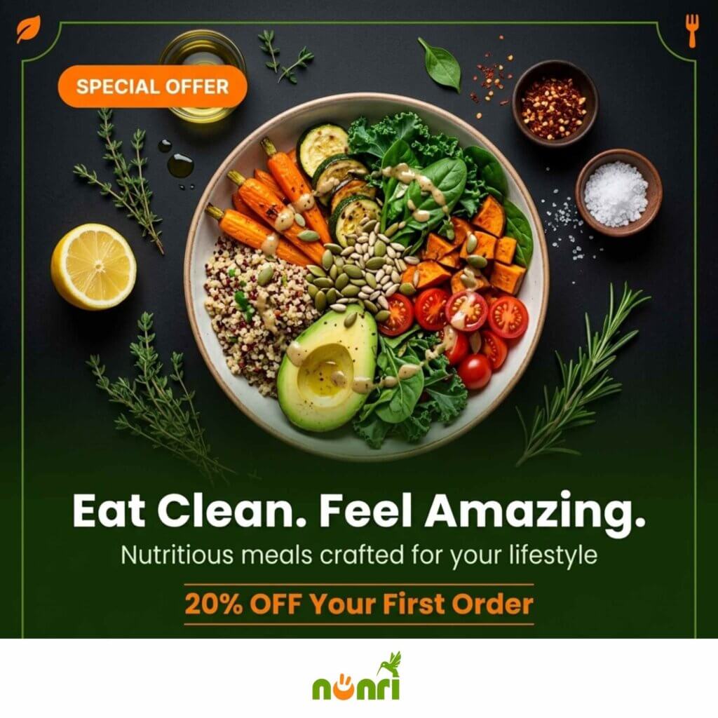 Nouri healthy food brand Instagram special offer post design featuring woman holding meal bowl