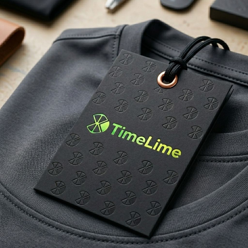 TimeLine brand identity mockup showing logo applied on hang tag