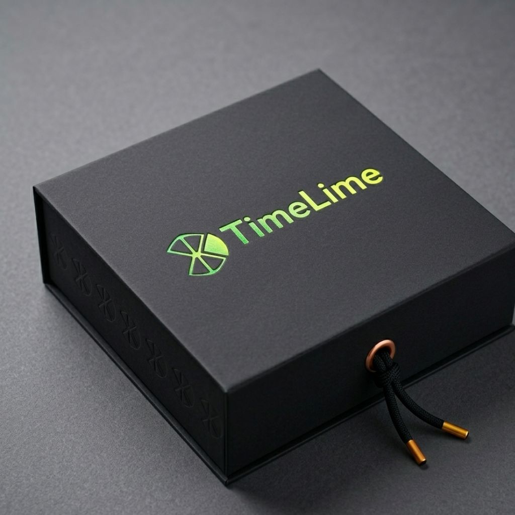 TimeLine brand identity mockup showing logo applied on packaging box