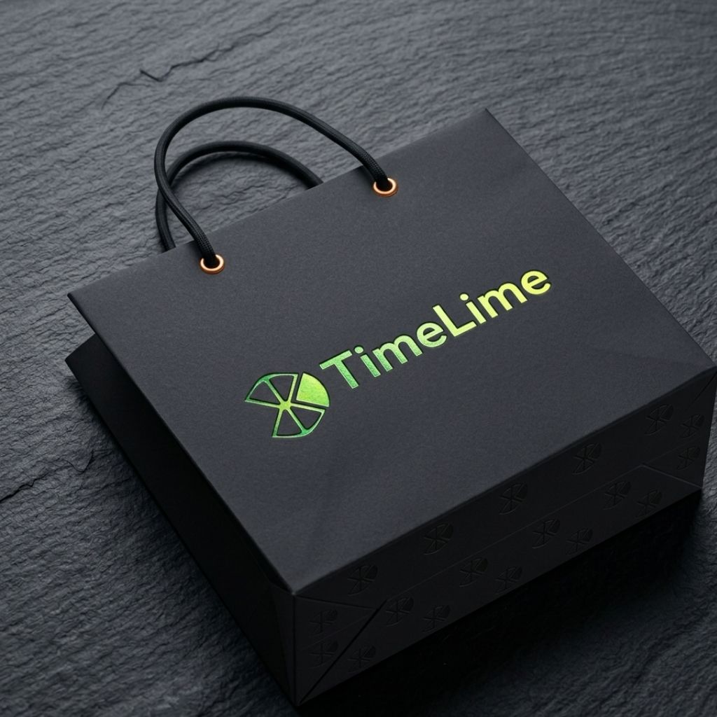 TimeLine brand identity mockup showing logo applied on shopping bag