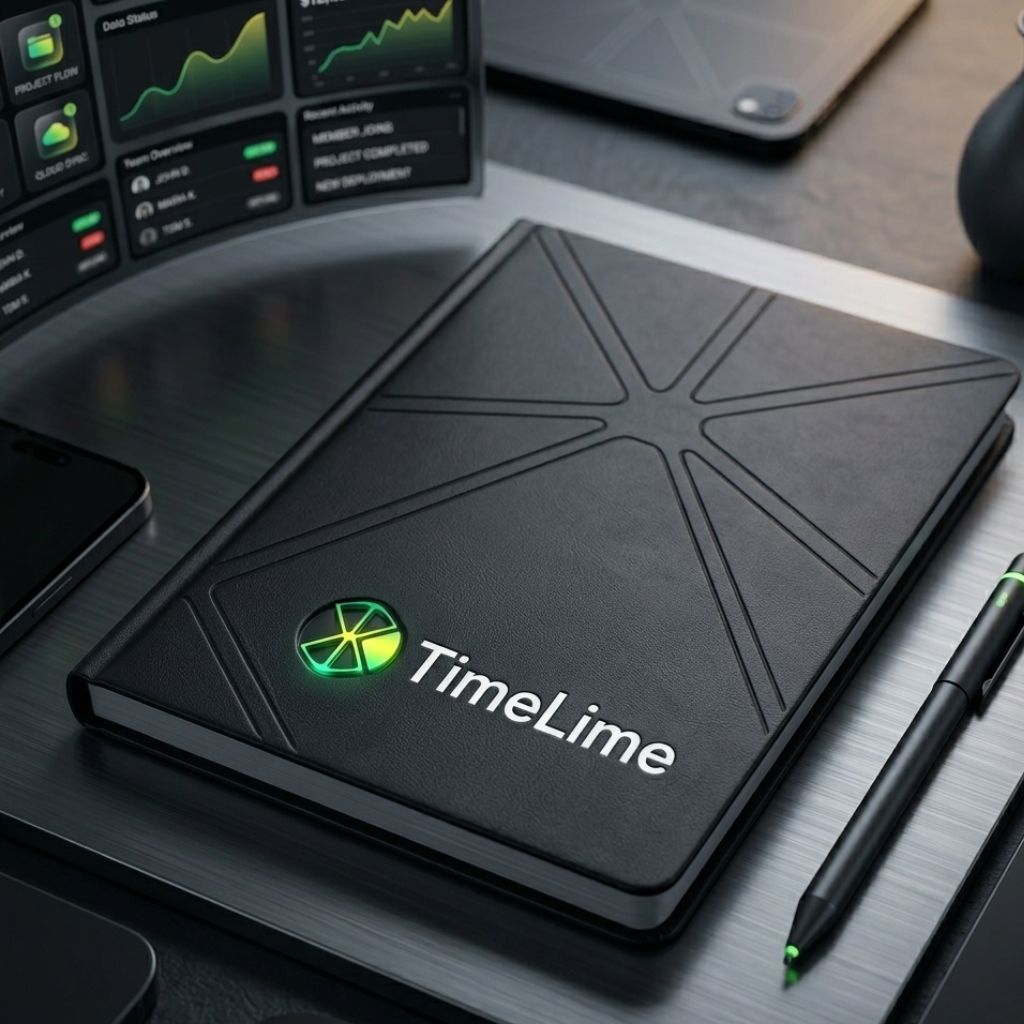 TimeLine brand identity mockup showing logo applied on stationery materials