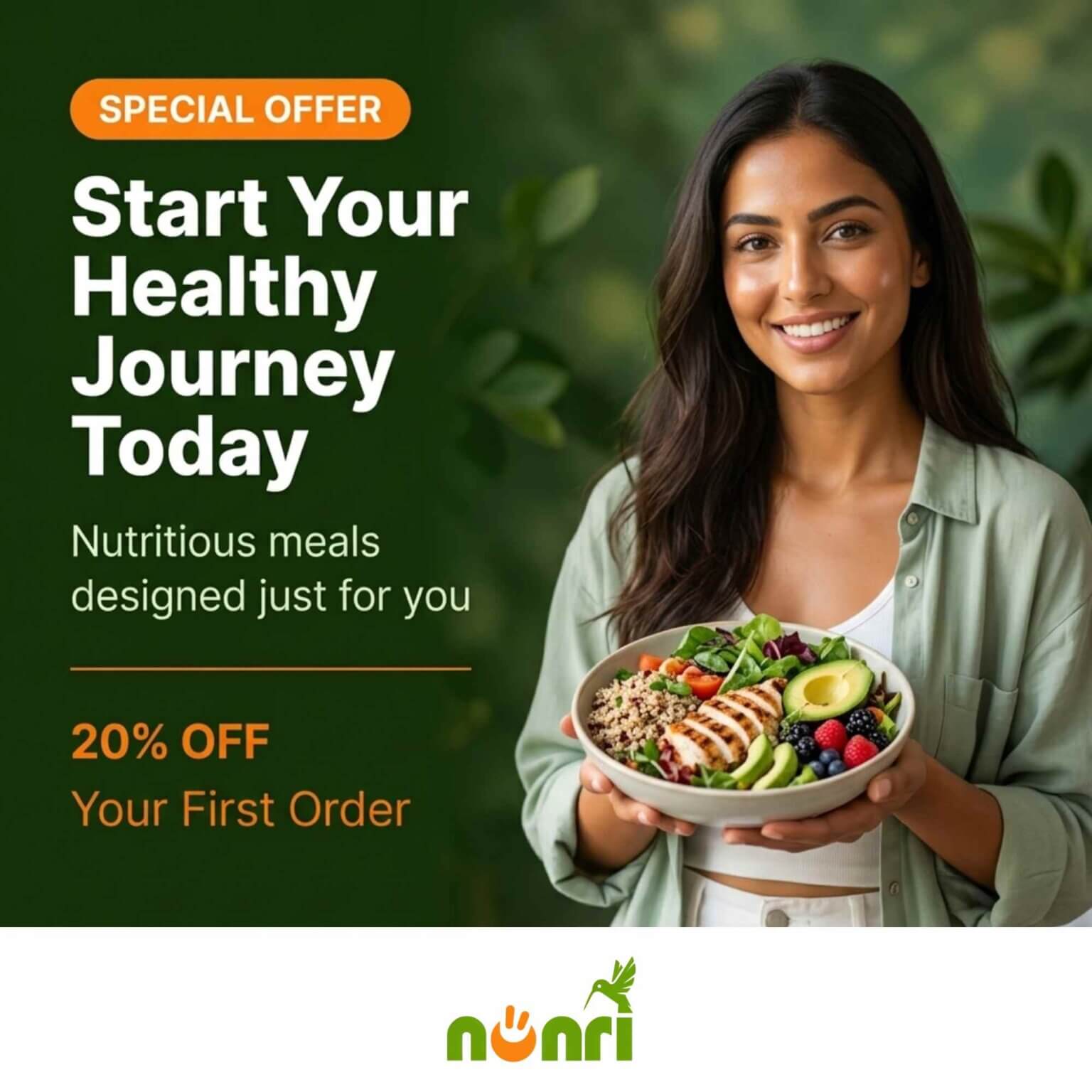 Nouri healthy food brand Instagram special offer post design featuring woman holding meal bowl